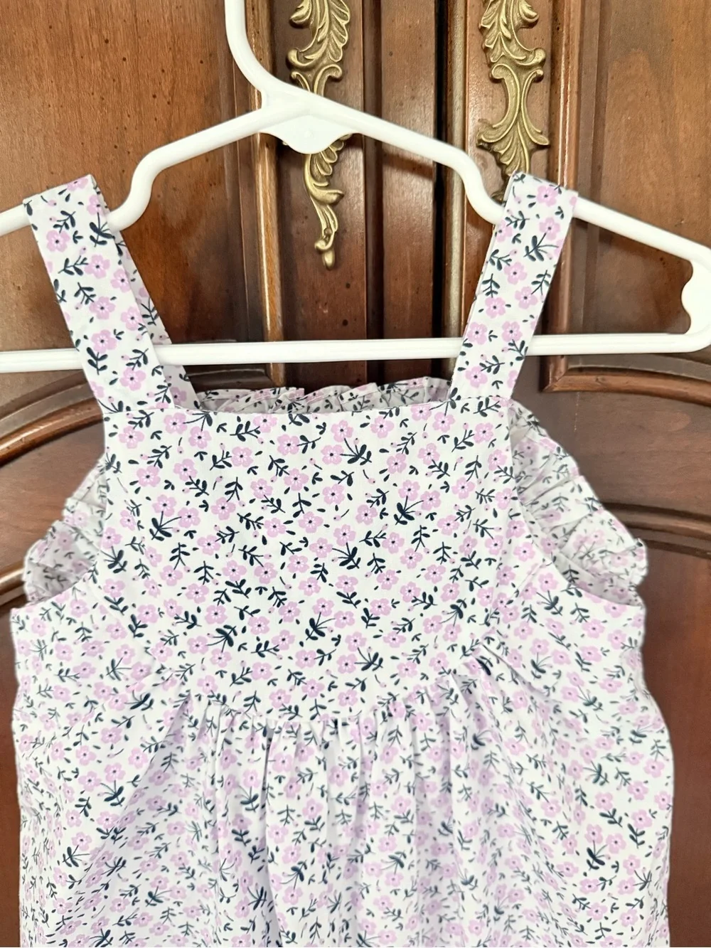 Shrimp & Grits Kids 12M Pink Floral Ruffle Bubble Romper Overalls